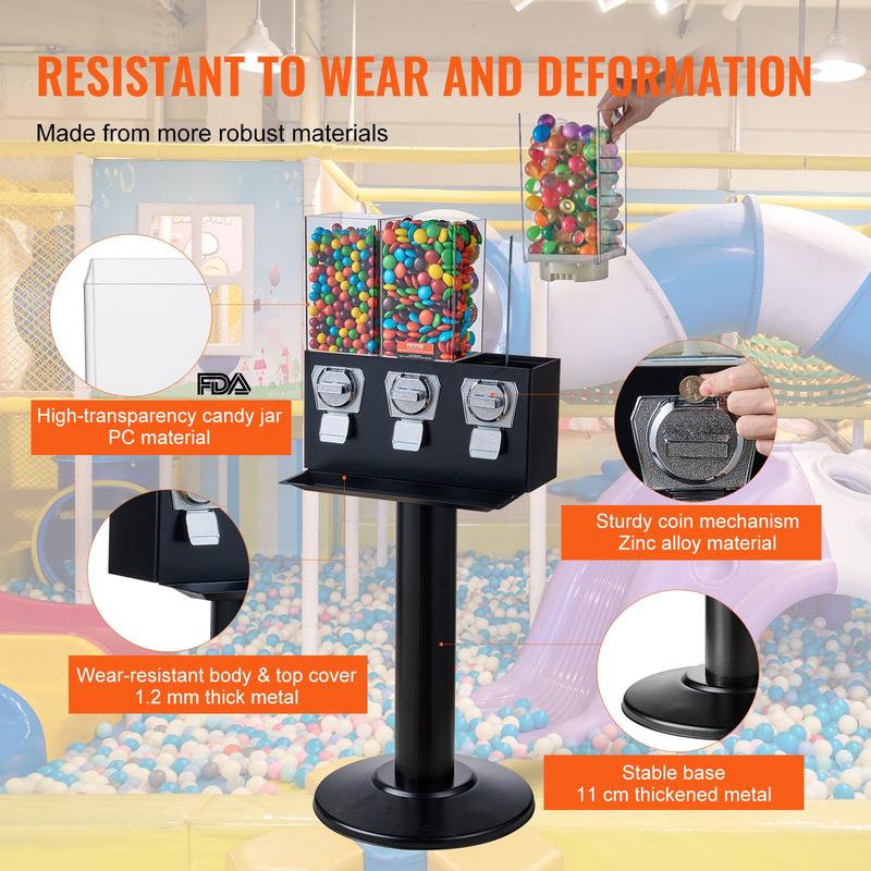 VEVOR Commercial Vending Machine, TikTokShopBlackFriday, Triple Compartment Candy Dispenser with Iron Stand, Gumball and Candy Machine for Business, Coin Operated Gumball Bank for Toy Capsules Bouncy Balls Candy Nut, Red