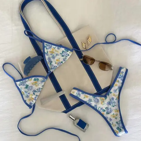Women's Floral Print Bikini Set, Casual Fashion Chic Tie Shoulder Swim Top & Swim Bottom Swimsuit for Beach Holiday Vacation, Ladies Swimwear for All Seasons, Self Tie Bikini, Summer Beach Bikini, Beach Bathing Suit, Swimsuits Summer, Bikini Beachwear