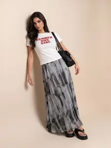 Women's Ink Wash Tie Dye Midi Skirt, Summer New High Waist Slimming Flowy A-Line Skirt, Versatile Elegant Atmosphere Half Skirt