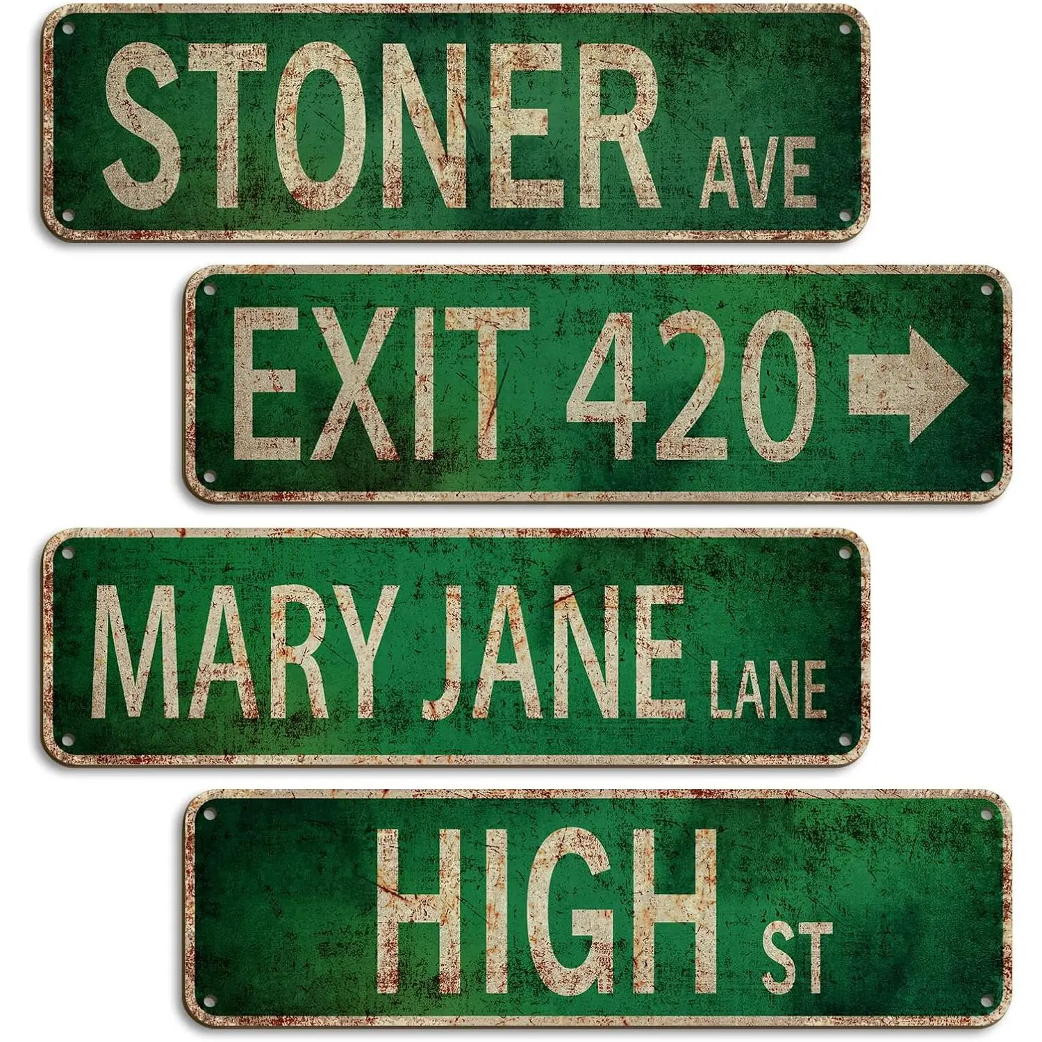 Stoner Avenue Street Sign 4 Signs of Exit 420 /High St/Mary Jane Lane/Stoner Ave for Room Decor, Duplex Printed Trippy Room Decor for Stoner,  Rustic Retro Garage Decor Sign