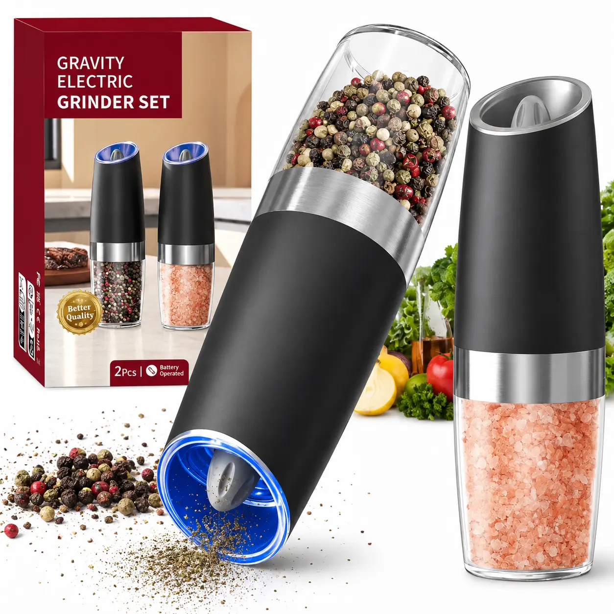 Gravity Electric Salt and Pepper Mill Set (2-Piece) - Kitchen Gadgets with LED Light, Ceramic Body, 340g Automatic Modern Seasoning Utensils for Household Use Kitchenware Home Cooking