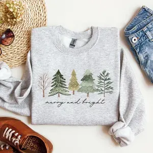 Merry and Bright, Christmas Trees, Minimalist, Winter, Snow, Xmas Sweatshirt, Women's Crew Neck, Crewneck