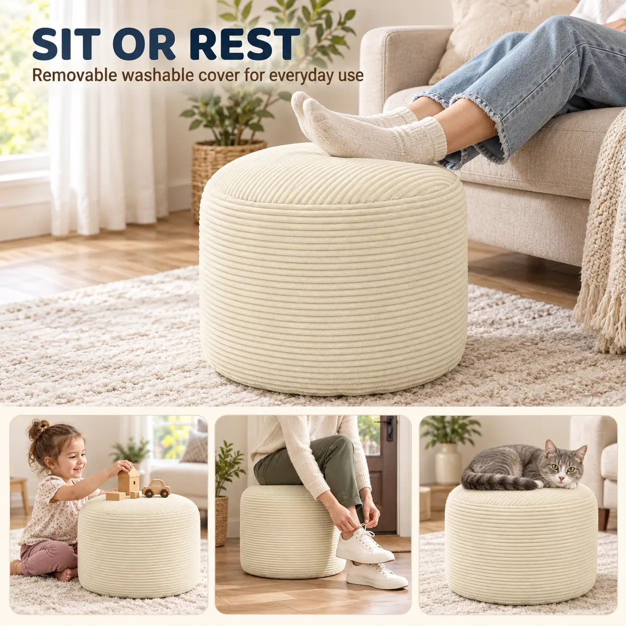 Round Corduroy Pouf Ottoman, 20 x 20 x 15 in, Footstool and Accent Seat with Removable Washable Cover and Carry Handle for Living Room & Bedroom