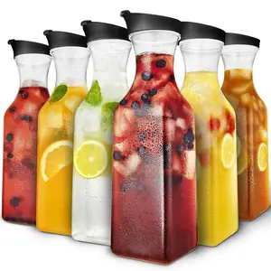 50oz Plastic Juice Carafe with Black Lids (6 Pack) 50 oz Carafes for Mimosa Bar, Drink Pitcher with Lid, Milk Container, Clear Beverage Containers for Fridge, Pantry Storage, Square Pitchers