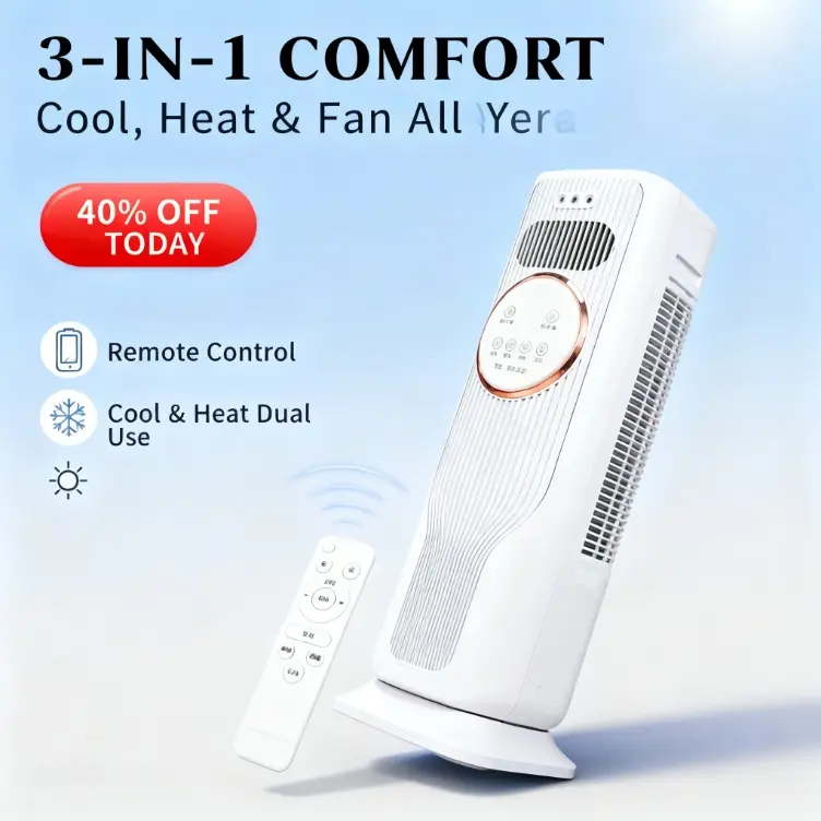 Indoor Daily Bladeless Standing Fan Cooler Heater Combo, Evaporative Wind Cooling With Ice Tap Water, Multiple Adjustable Levels Controlled by Remote