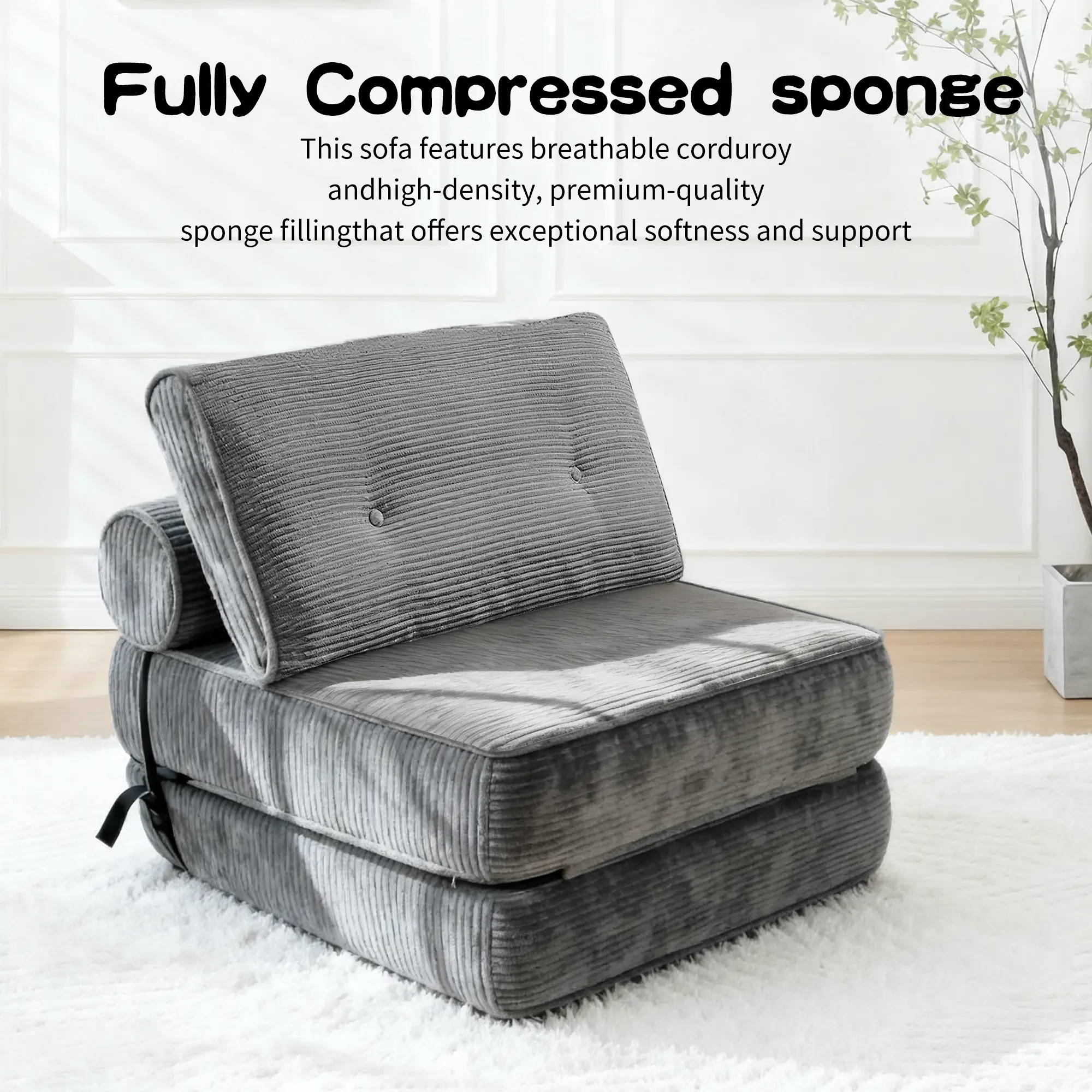 63 inch Corduroy Vacuum Compression Folding Sofa Bed, Foldable Sleeper Mattress Sofa, Suitable for Living Room/Home Office/Guest Bed/Apartment/Upstairs attic