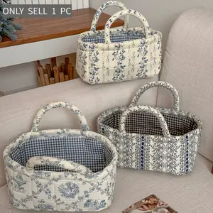 Farmhouse-Style Blue And White Floral Storage Basket, French Vine Print Quilted Fabric Handheld Basket, Large Capacity Household Organizer Bag, Seasonal Multi-Use