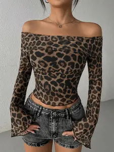 Women's Fashion Knitted Slim Fit Mesh Off Shoulder Leopard Print Flare Long-Sleeve Short Top for All Seasons Chic