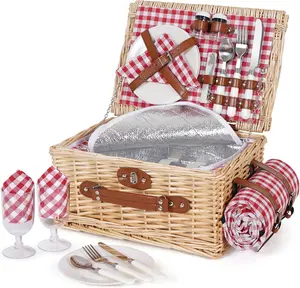 Picnic Basket Set for 2 - Wicker Picnic Basket with Waterproof Blanket & Insulated Liner, Large Handmade Willow Hamper with Cutlery Kit for Outdoor, Picnic, Camping, Party, Holidays (Red)