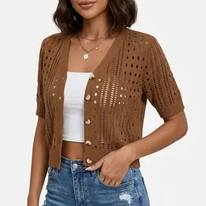 Womens Short Sleeve Crochet Summer Cardigan Cropped Button Sweater Lightweight Shrug for Dress Spring and Summer Fashion Short-Sleeve Cardigan