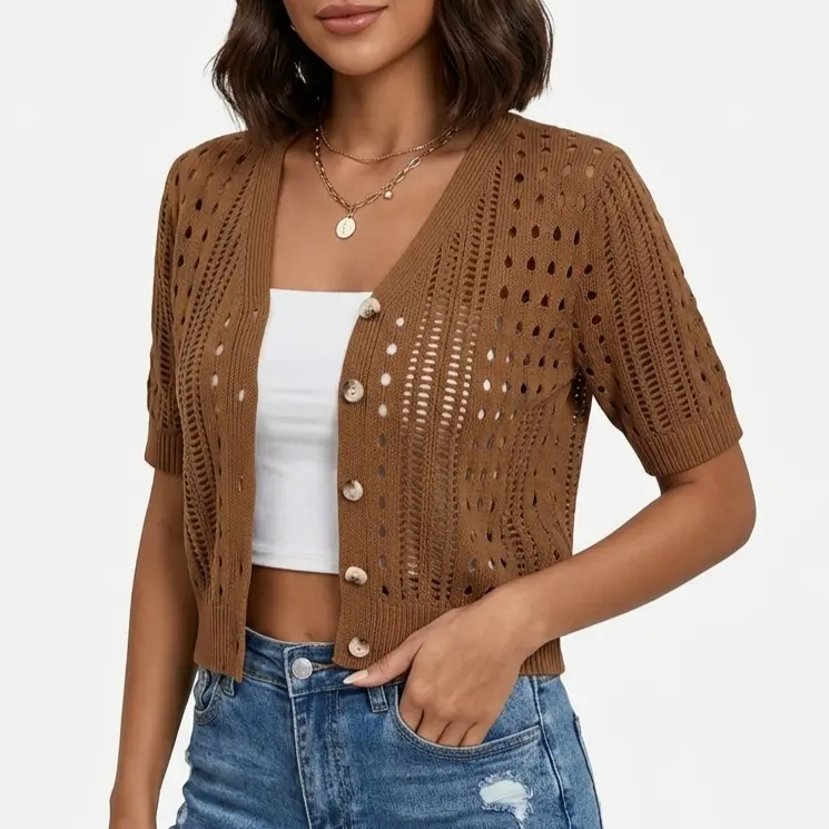 Womens Short Sleeve Crochet Summer Cardigan Cropped Button Sweater Lightweight Shrug for Dress Spring and Summer Fashion Short-Sleeve Cardigan