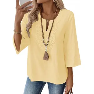 Women's 3/4 Sleeve Top Cotton Linen Shirt V-Neck Lace Casual Loose Shirt Bohemian Fashion