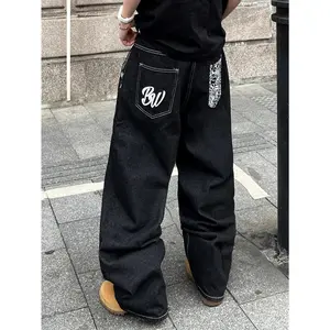 Graphic Baggy Jeans Y2K Wide Leg Denim Pants Vintage Loose Denim Jeans Long Trousers with Pocket Streetwear
