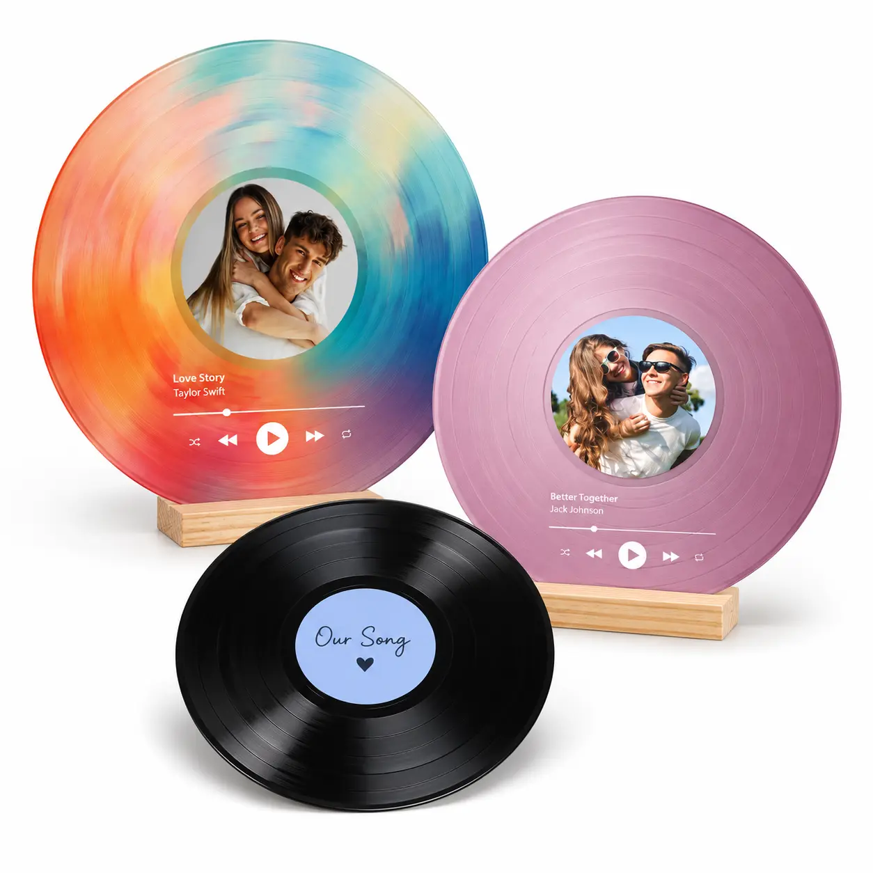 Personalized Vinyl Record Decor with Wooden Stand Custom Photo Song Plaque for Couples | Retro Music Style Keepsake Gift for Room Decor