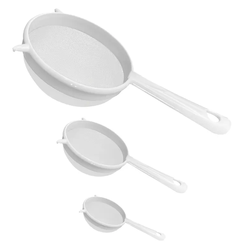 Kitchen Utensils 3-Piece Nylon Fine Mesh Strainer Set - Double-Ear Plastic Sieve with Handle, Durable Sturdy Washable Dishwasher Safe Cooking Supplies, Hanging Storage for Flour Sifting, Milk Filtering