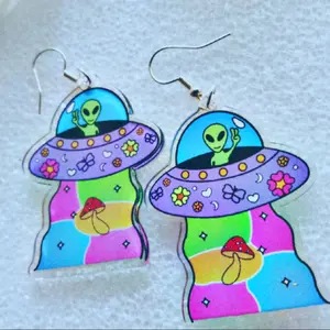 Pshychedelic Alien Cartoon Earrings with Colorful Mushroom Design and Unique Alien Character Illustration