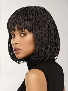 Knotless Braided Wigs for Black Women Heat Resistant Fiber Soft Synthetic Short Bob Box Braided Wig with Bangs African American Braided Wigs Knotless Boho Wig