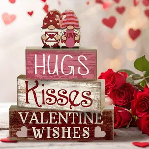 4 Pcs Valentine Table Decor Wooden Red Dwarf Decoration, Valentine's Day Valentine Wishes Centerpiece, Sweet home Tiered Tray Decor Red Heart Block Signs Gift for Farmhouse Home Kitchen, valentine's day display set