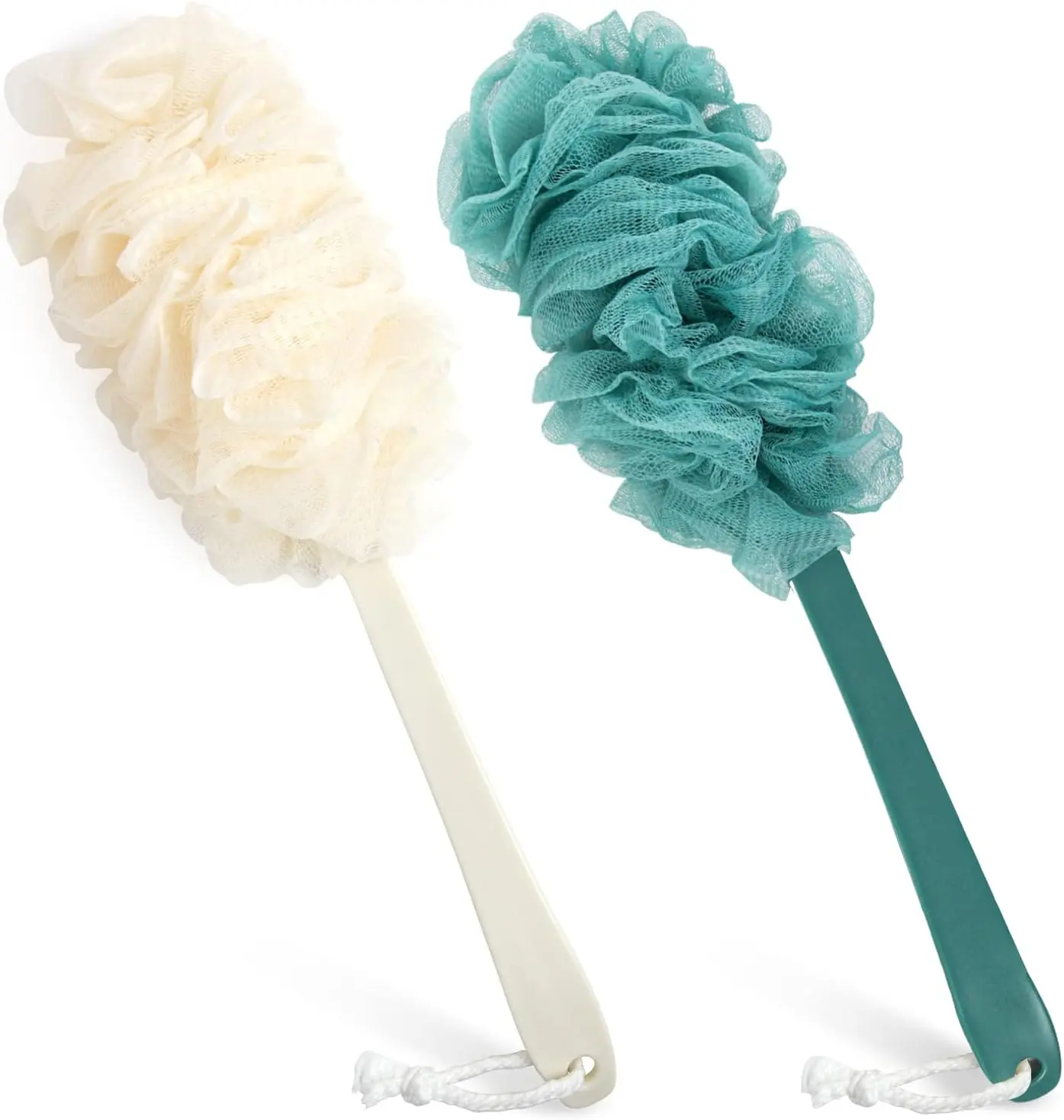 2Pack Back Scrubber for Shower  Loofah Sponge Shower Brush Using Body Exfoliating with Long Handle, Loofah on a Stick for Men Women, Bathing Accessories for Body Brushes (Blue and White)