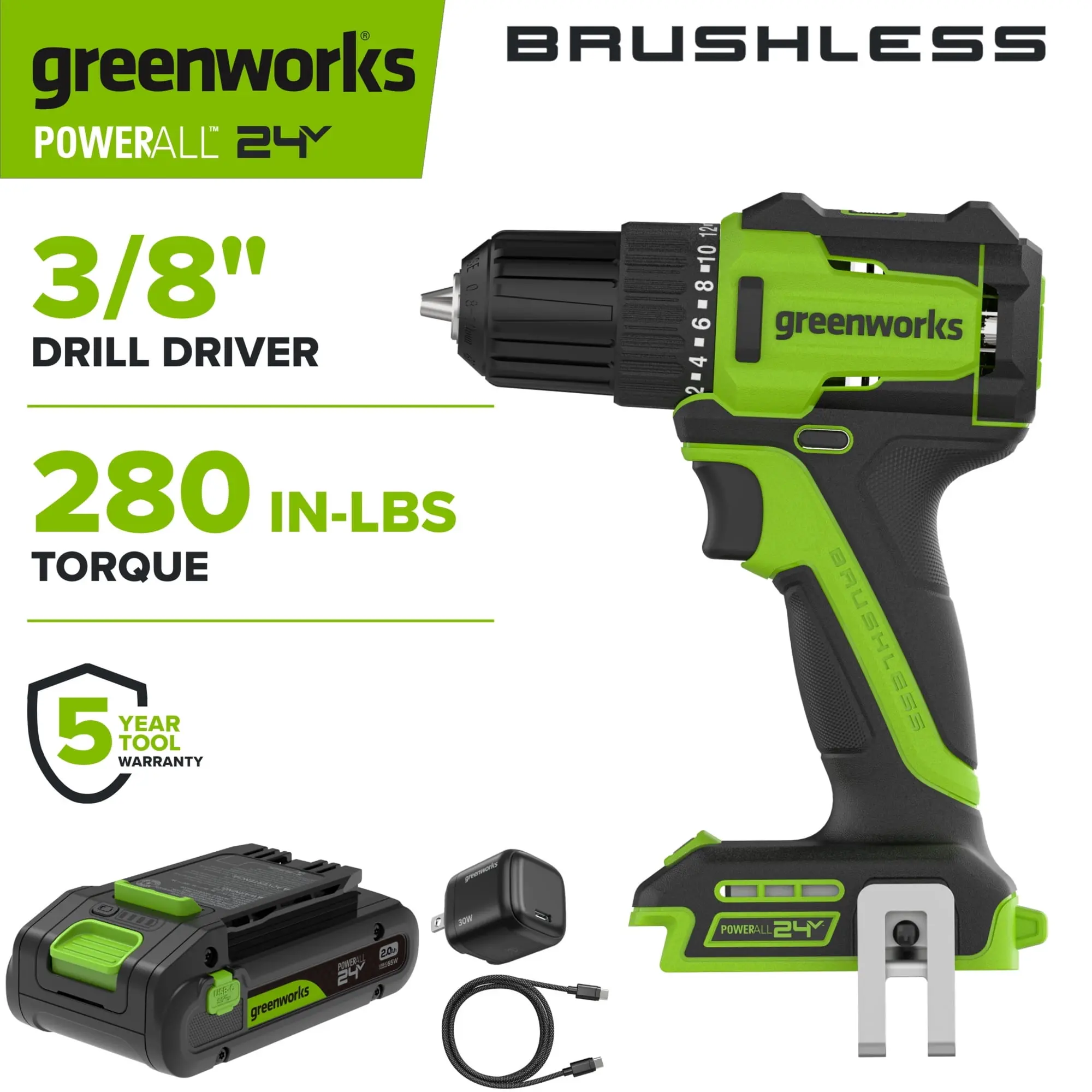 Greenworks PowerAll 24V 3/8" Combi Drill - 280 in-lb Torque, 2.0 Ah Rechargeable Battery (USB-C Enabled), 30W Charger Block, 3' 100W Cable (USB-C Compatible)