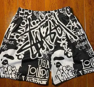 Youth/Women/Men’s Men’s Black/White Graffiti Print Mesh Shorts, Elastic Waist Streetwear