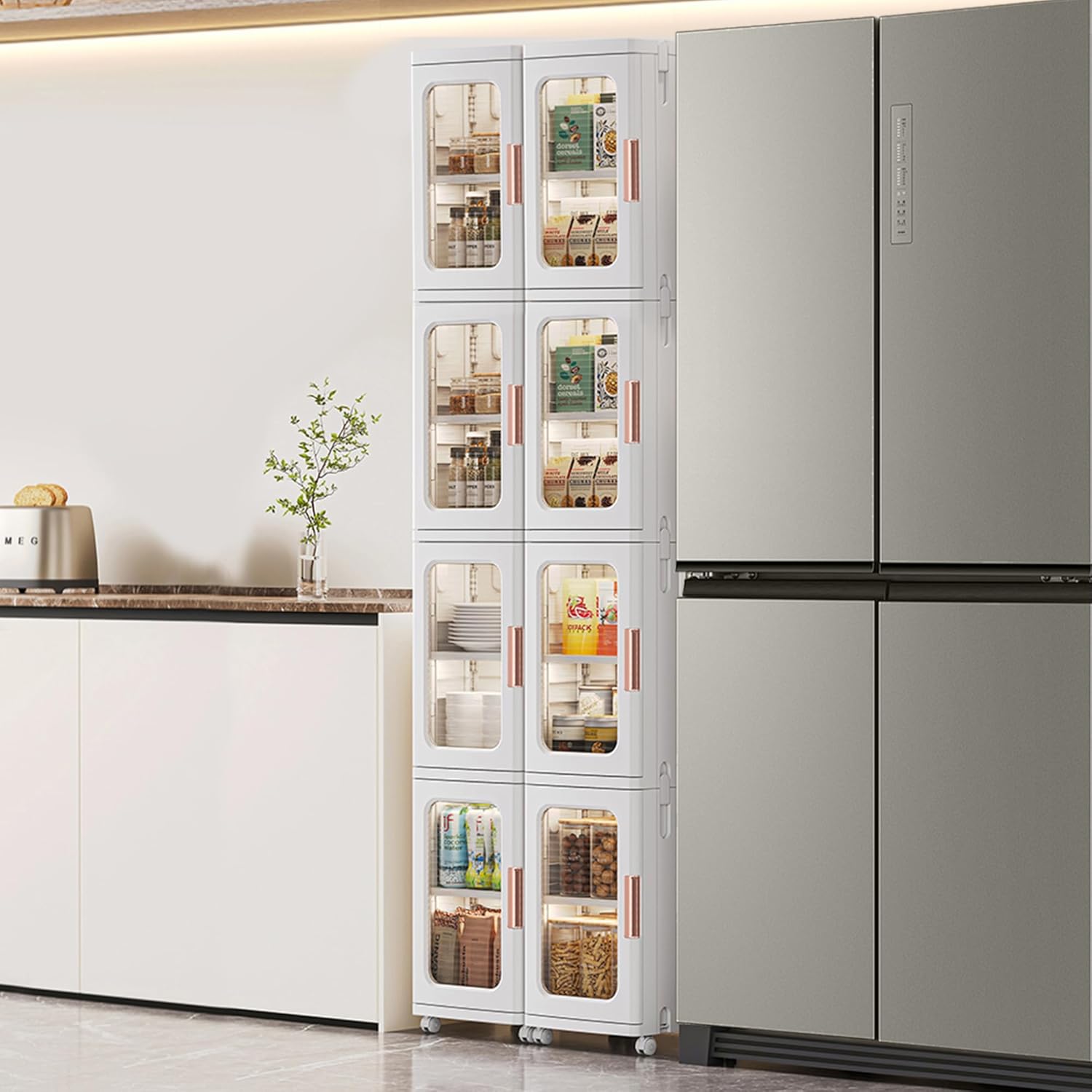 NLDD 4-Tier Slim Stacking Storage Bins – Folding Waterproof Plastic Storage Boxes Cabinet with Wheels for Closet, Pantry, Magnetic Organiser