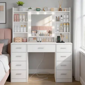 Modern Makeup Vanity Set - Dressing Vanity Table with 12 LED Lights, Mirror, Power Outlet, 9 Drawers, Indoor Furniture for Room Organization, Bedroom Decor