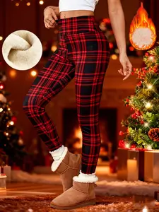 Women's Winter High Waist Plaid Fleece Lined Pants, Elastic Warm Lamb Velvet Nine-Point Leggings, Casual Fashion S-Xxl, Stretchy Soft Leggings