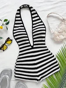 Spring Summer Women's New Fashion Comfortable Versatile Deep V Neck Halter Sleeveless Striped Tank Top Jumpsuit Shorts, Casual Beach Party Wear Elegance