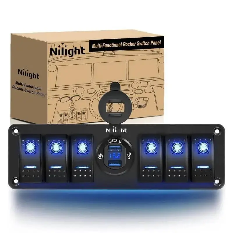 Nilight 6-Gang Aluminum Power Switch Panel - Blue ON/OFF Rocker Light Switches, QC 3.0 Dual USB Charger, Voltmeter, 12V-24V DC Cars/Buses Use, for Trucks, DIY Projects