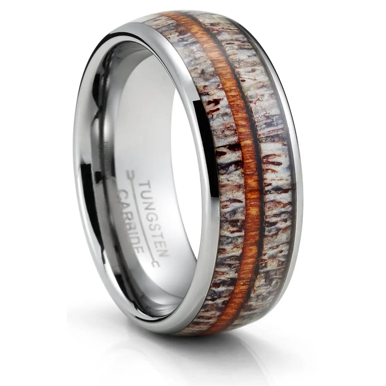 Men's Black 8MM Comfort-Fit Tungsten Wedding Band - Deer Antler & Whiskey Barrel Wood Inlay Antler Ring for Bold Rugged Wedding Look, Thoughtful Gift for Boyfriend, Mens Gift, Gifts For Boyfriend