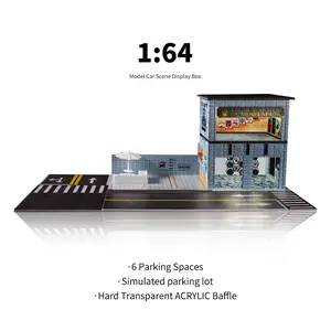 1:64 Scale Two-Story LED Diecast Model Car Storage & Showcase - "Legacy Motor Museum" Two-Story Illuminated Diorama with LED Lights, Parasol Umbrella & Street Scene for Adult Collectors