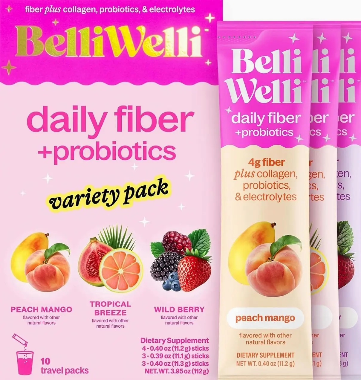 Belli Welli Fiber Supplement, Probiotics Fiber Powder Travel Pack for Women with Collagen & Electrolytes for Daily Gut Health & Debloating, Variety Pack, 10 Packets