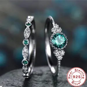 RING4U - 925 Sterling Silver Ring Set with Emerald Zircon Crystals for Women Engagement Wedding Glamour Jewelry Gifts