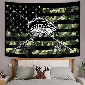 Camouflage American Flag Fishing Tapestry 3x5 FT - Polyester Wall Hanging for Outdoor & Bedroom Decor, Fishing Enthusiast Banner