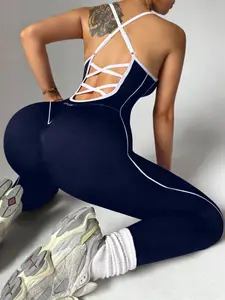 Women's Sporty Jumpsuit, Colorblock Halter Yoga Pants, Plain Pattern, Above the Ankle, All Seasons, Comfortable Activewear, Stretch Jumpsuit