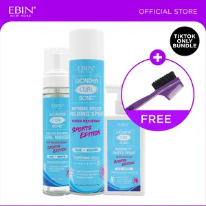 EBIN Sports Edition Wonder Curl Bond Curl Mousse + Holding Spray + Humidity Shield Spray Bundle with Free Edge Brush | Enhanced Curl Definition, Extreme Hold, Sweatproof, Water-resistant