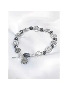Vintage Agate Beaded Bracelet, Handmade Elastic String, Cross Pendant Charm, High-Quality Unisex Jewelry for Casual Daily Wear, Elegant Blessed Always, Premium Bracelet