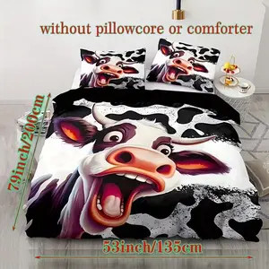 3-piece cartoon cow pattern bedding set, men's and women's full-size adult bedroom decoration bed and duvet set, cartoon polyester material comfortable set, simple decoration, 1 duvet cover, 2 pillowcases (unfilled)