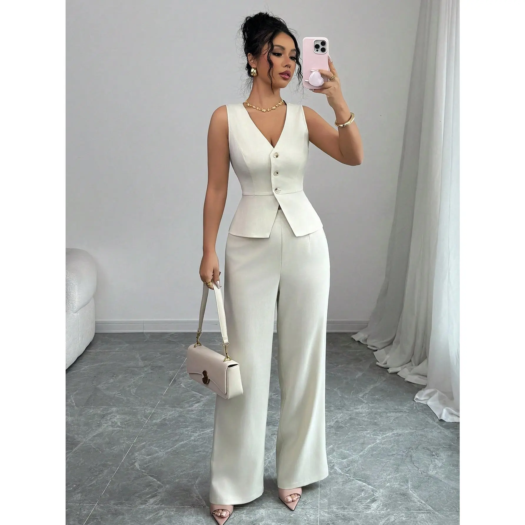 Women's Sleeveless Vest And Pants Suit Set, Commute Style, Blazer Trouser Formal