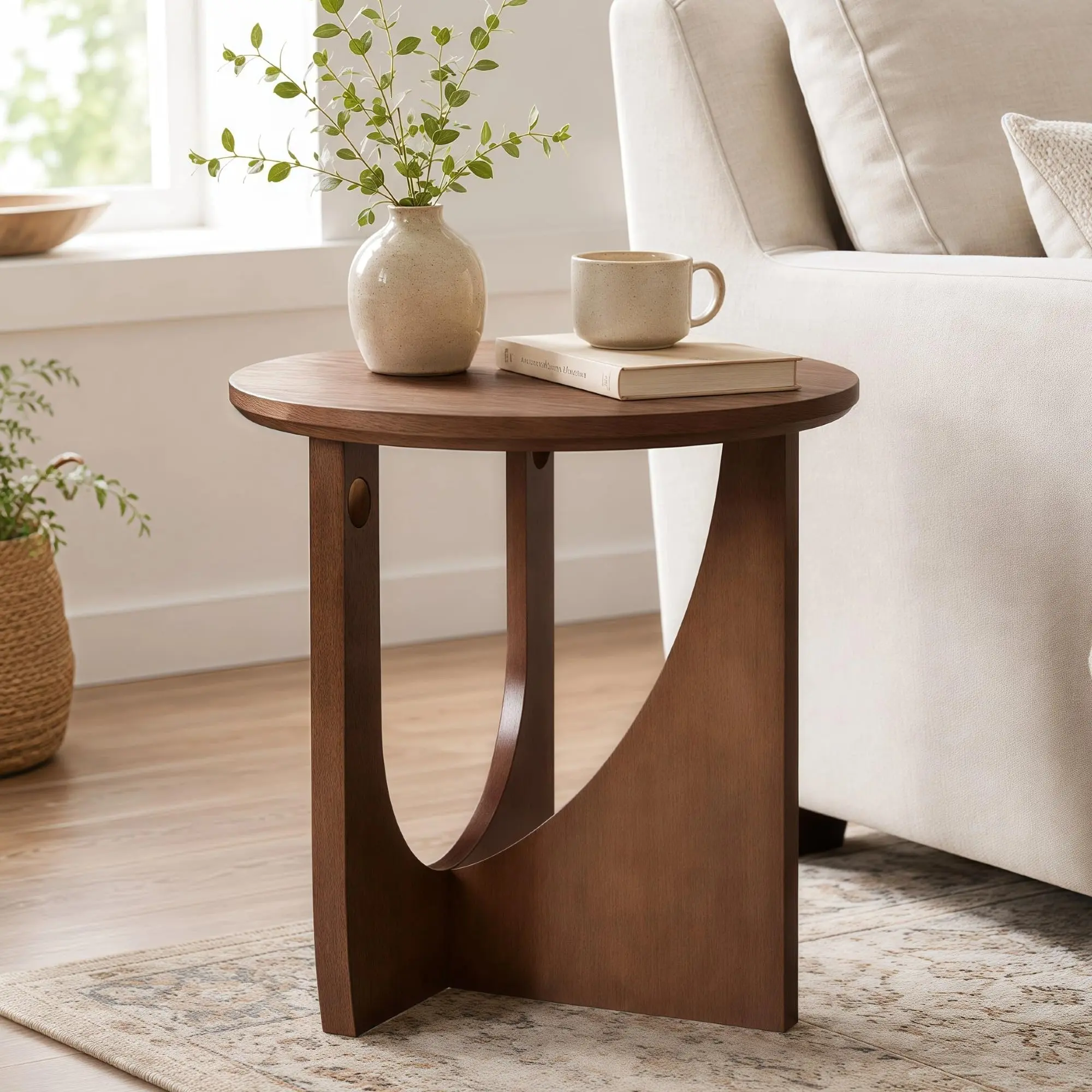 【SummerSale 】 Round Solid Wood Side Table with Sculptural U-Shaped Base, Modern Accent End Table for Living Room, Bedroom, Sofa Side & Reading Nook (Walnut)