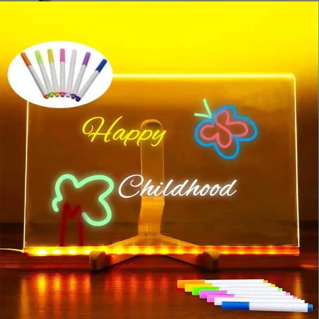 7.9 x 7.9 Inch LED Acrylic Dry Erase Board with Stand - Light-Up Whiteboard for Office/Home/School, Includes 7-Color Marker & Eraser, Reusable Note Board for Message Board