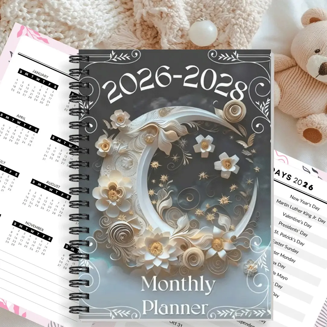 1 5.5x8.3 Inch Monthly Calendar Planner, Spiral bound planner: Includes three-year Monthly Schedule Goal Tracker, 2026-2028 Notebook, and Household Records Notebook; Inner Pages Feature Annual Holiday List, Monthly Calendar View, Blank Note Pages