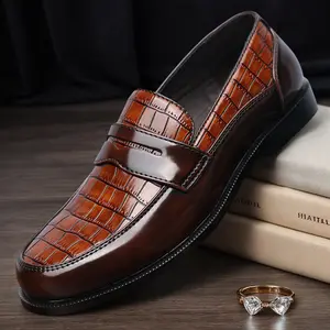 Men's Brown Croc-Embossed Penny Loafers, Formal Slip-On Leather Shoes82687