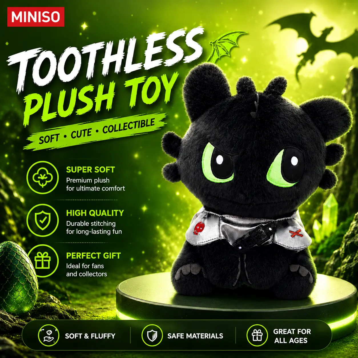 MINISO How to Train Your Dragon Toothless Sitting Plush Toy, Cute Soft Stuffed Night Fury Dragon Doll, Cuddly Collectible Gift for Kids’ Fans