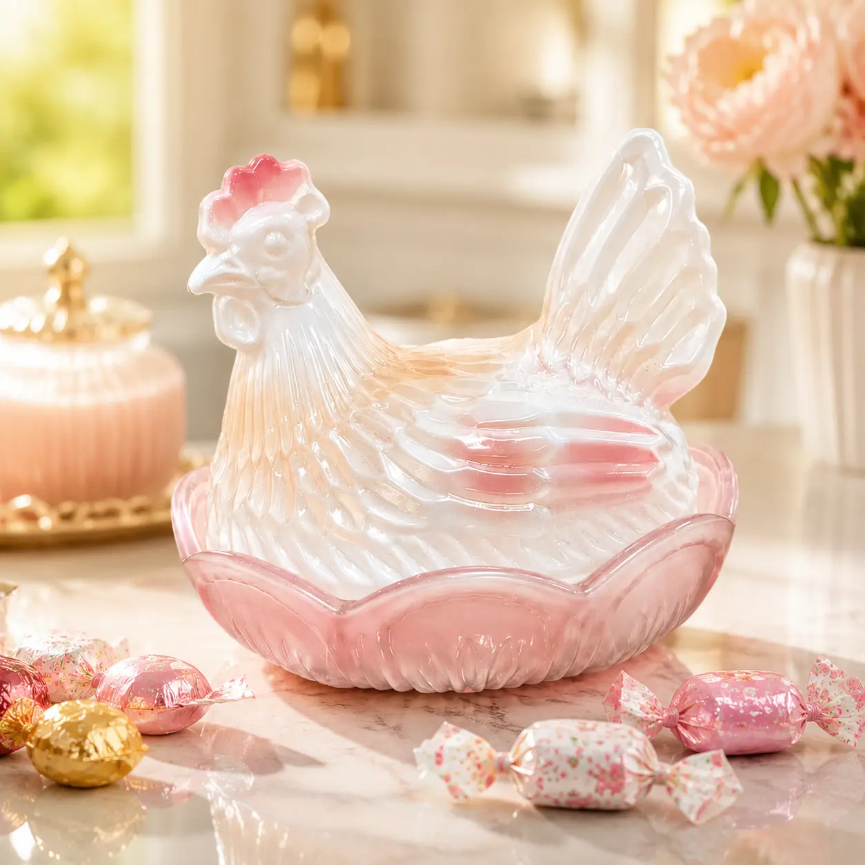 Aesthetic Pink-White Gradient Glass Chicken Candy Jar with Lid, Hen-Shaped Canister Storage Bowl for Cookies, Coffee Snacks & Farmhouse Kitchen Decor Organizer