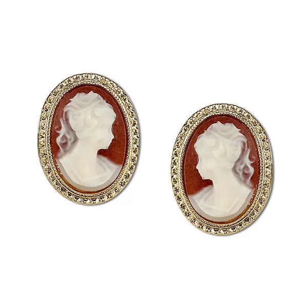 Dark Carnelian Red Victorian Style Cameo Stud Earrings