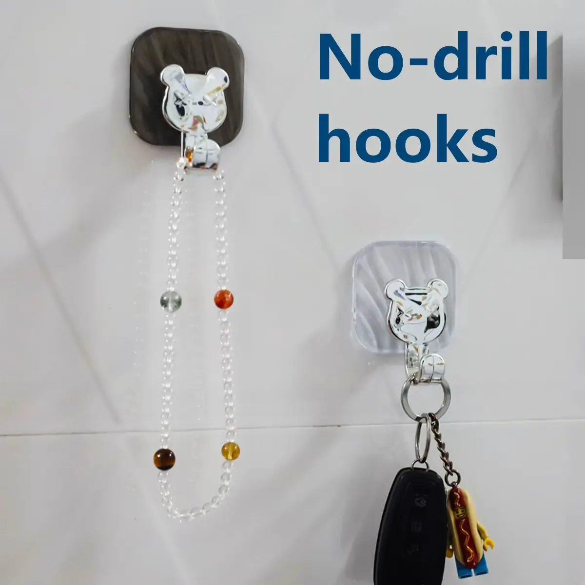 Cute bear-shaped no-drill adhesive wall hooks, luxury clear and black acrylic self-adhesive hangers, heavy-duty waterproof decorative hooks for bathroom, kitchen, home organization — set of 4