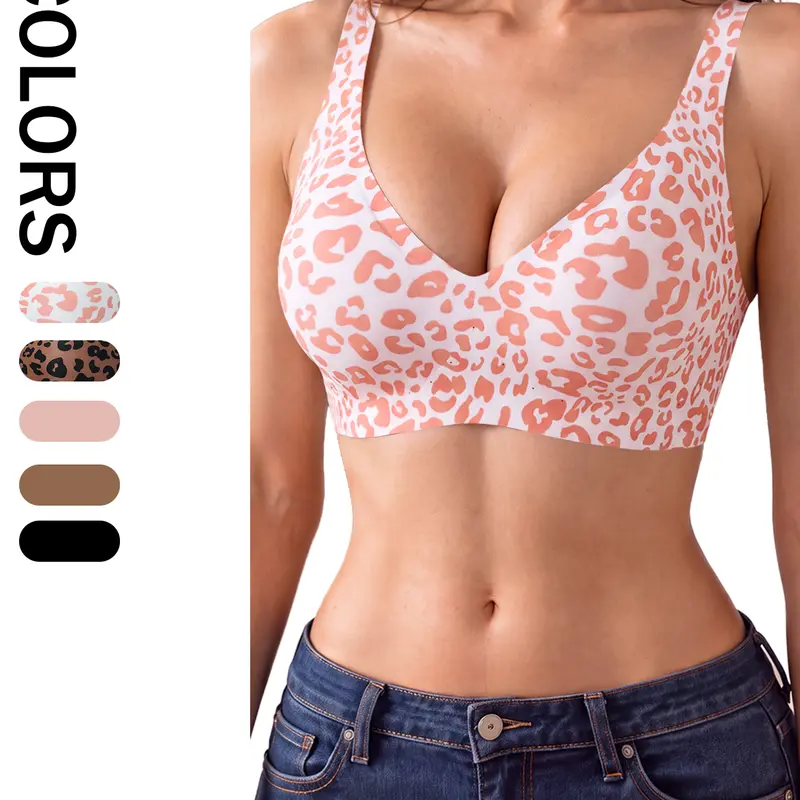 5 Pcs Women's Jelly Wirefree Bralette Set - Seamless Tshirt Bras, Full Coverage, Push Up, Comfortable Everyday Summer Wear, Leopard Brown, 5-Color Options, Wirefree Bra