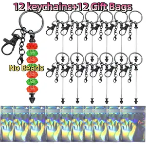 12 Set Beadable Keychains Bars DIY Blank Beadable Keychains Metal Beaded Keychain Sliver Beads Keychain Making Kit for DIY Crafts Supplies Jewelry Making Gift
